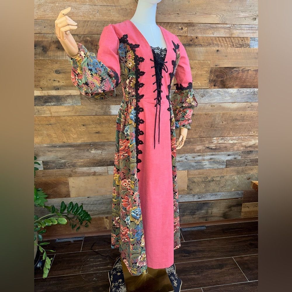 Vtg 1969 Gunne Sax Black Label Renaissance Maxi Dress Pink Floral Size 13 Rare 😎
